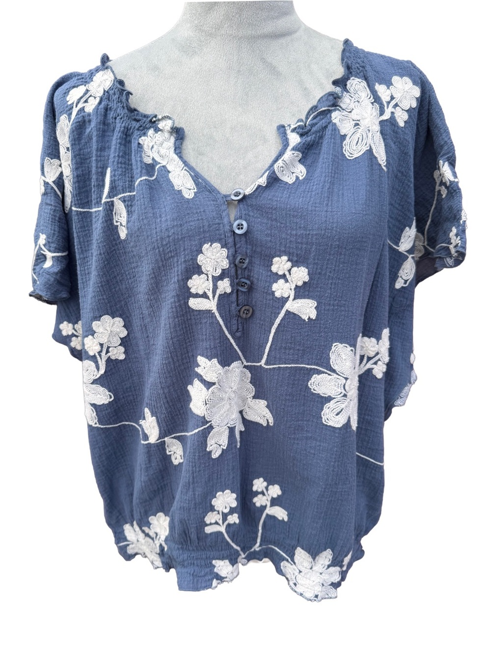 Westbound Embroidered Cotton Gauze Blouse Floral Boho Peasant Top Blue Size XL